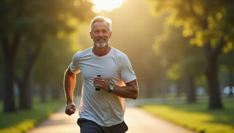 A healthy man running and exercising in a green sunny park, representing the Promolyday vitality and health product niche.