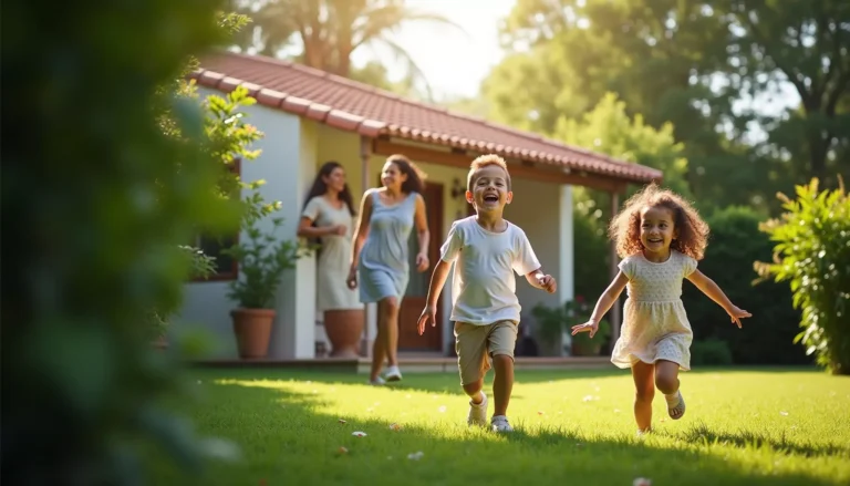 Happy children running with their mothers on a clean green grass lawn in front of a house, representing a safe backyard after Septifix treatment