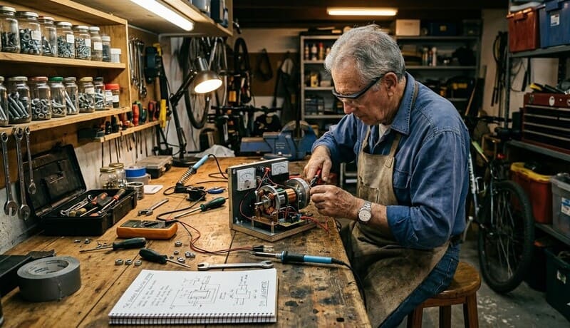 An elderly man smiling at his workbench while assembling a DIY electric motor generator with hand tools in his garage workshop.