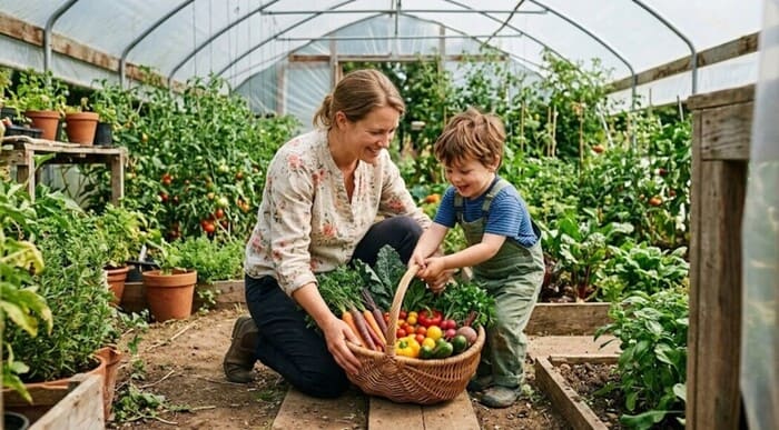 A mother crouched down with her young son in a greenhouse, holding a basket full of freshly harvested vegetables for The Self-Sufficient Backyard guide.