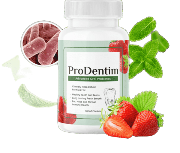 ProDentim advanced oral health supplement bottle displayed on the website hero section for dental care support.