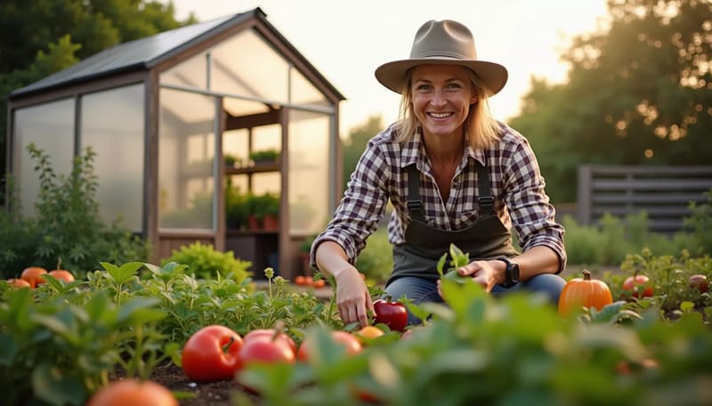 A young woman harvesting fresh organic vegetables right outside a backyard homestead greenhouse.