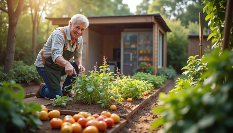 Senior man taking care of a backyard vegetable garden with a food storage shed in the background.