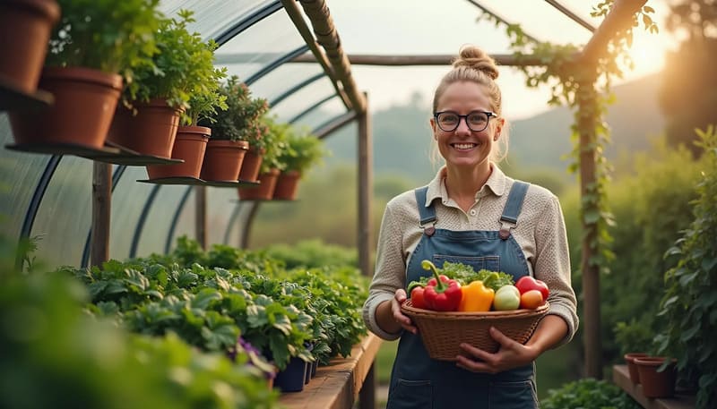 A young woman smiling and holding a wooden basket filled with fresh harvested vegetables inside a backyard greenhouse, representing the lifestyle in The Self-Sufficient Backyard review.