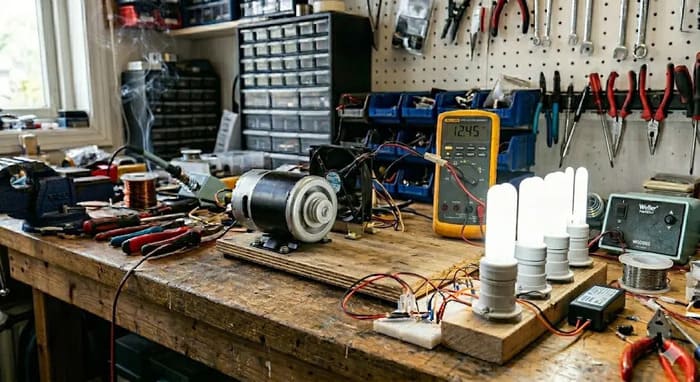 A compact DIY generator motor connected with wires to a functional fluorescent light bulb glowing on a wooden workshop table with tools.