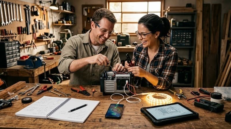 Happy couple assembling a DIY off-grid power generator together on a garage workbench.