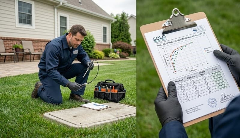 A professional split-screen concept showing a technical septic system inspector on a suburban lawn next to engineering data charts.