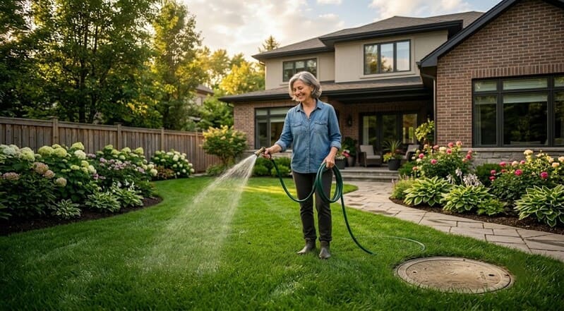 A senior woman homeowner confidently taking care of her green backyard lawn with a well-maintained suburban house in the background.