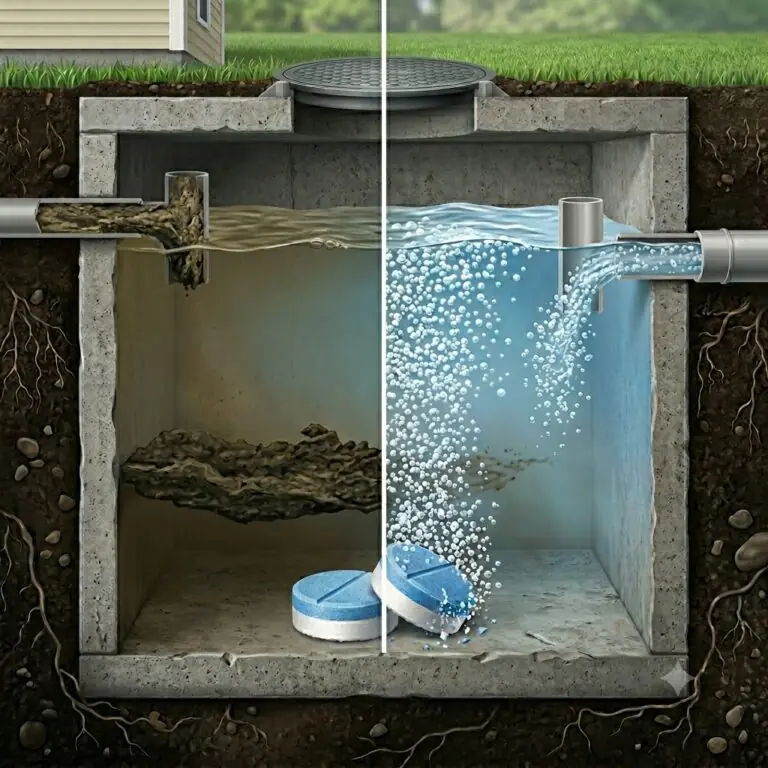 A detailed square infographic showing a SEPTIFIX tablet dissolving at the bottom of a septic tank, releasing oxygen bubbles that break down sludge.