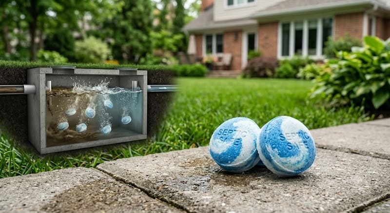 A close-up look at two blue and white SEPTIFIX tablets next to a realistic cross-section diagram of a clean, odor-free suburban septic tank system.