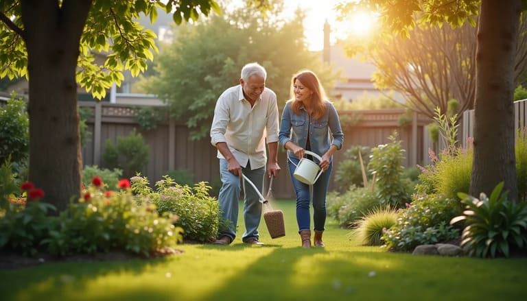 A senior man and a young woman confidently taking care of a green backyard garden lawn near a well-maintained suburban home.