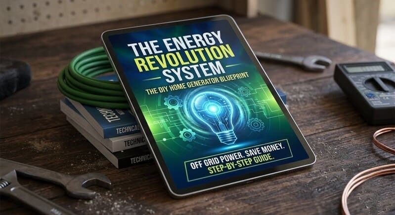 A 3D digital ebook mockup of The Energy Revolution System blueprint guide on a wooden workbench table.