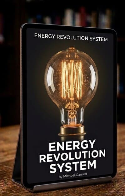 A digital tablet standing vertically on a wooden table, displaying the blueprint cover of The Energy Revolution System guide, with a bookshelf in the background.