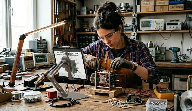 Young woman assembling a DIY off-grid power.