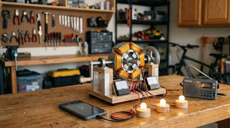 A fully assembled compact DIY emergency power generator with a hand crank and visible copper wire coils charging a smartphone on a clean garage workbench.