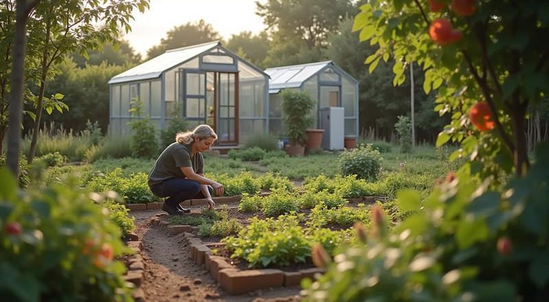 A beautiful and productive backyard greenhouse filled with green plants and organic vegetables, showing the practical results of a DIY self-sufficient setup.