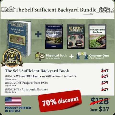 Official 2026 book edition cover of The Self-Sufficient Backyard with risk-free guarantee text information.